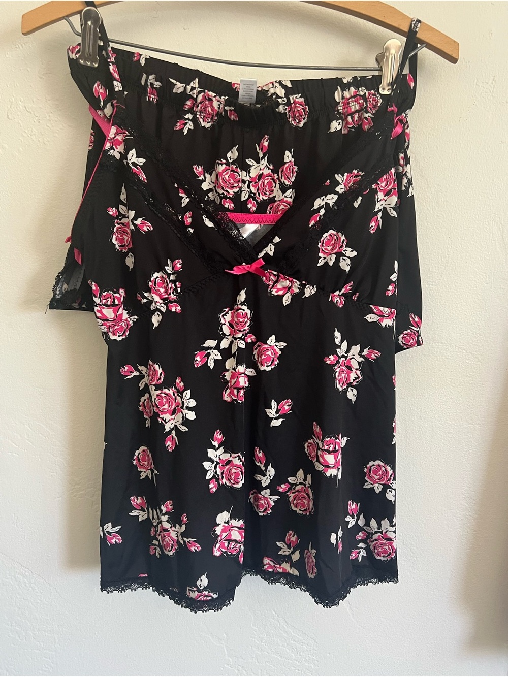 Floral Black Camisole Nightdress with Pink Rose Print